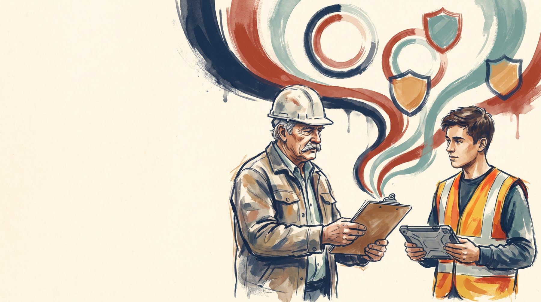 Painted illustration of a veteran foreman with a clipboard beside a young apprentice with a tablet, as brushstrokes rise into progress rings and shield badges.
