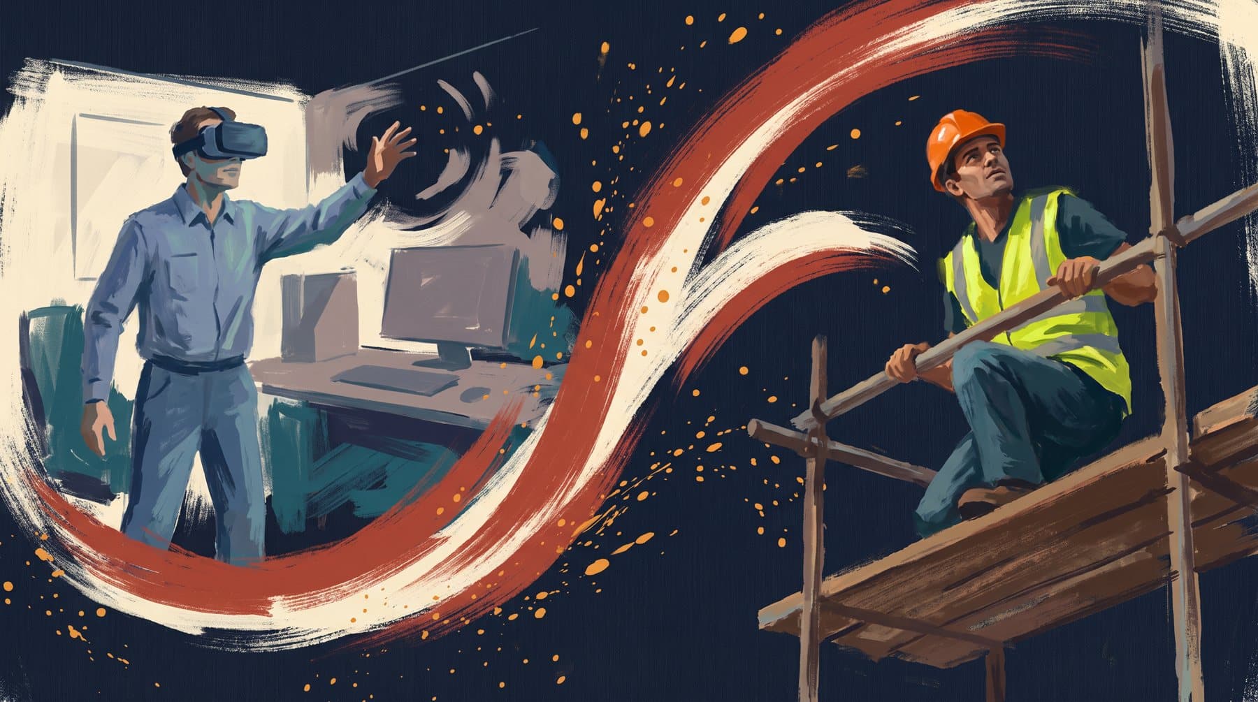 Painted illustration of a manager in a VR headset in an office, linked by a sweeping red and cream brushstroke to a worker on scaffolding looking up.