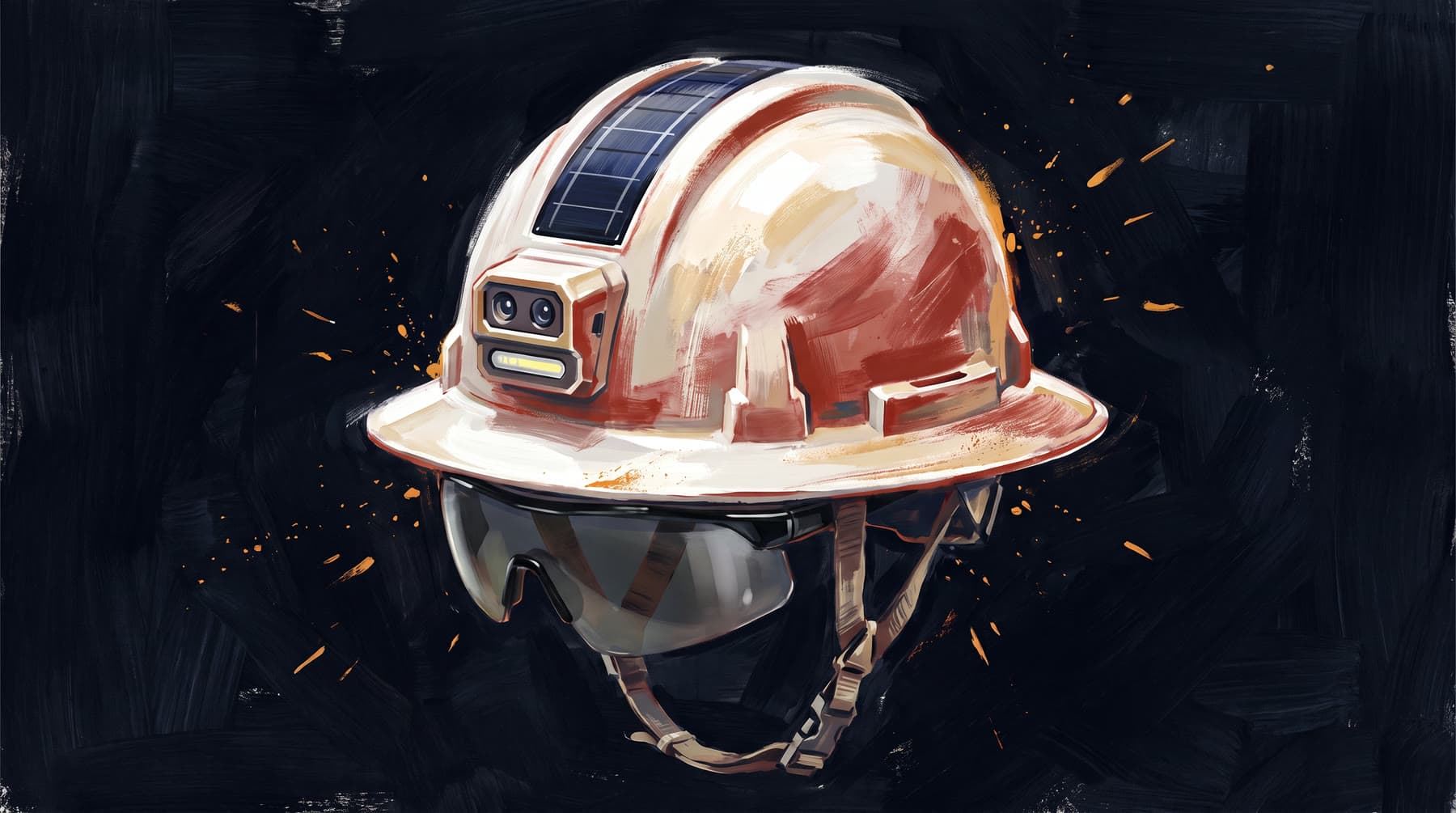 Painted concept of a white full-brim hard hat with a dark solar panel strip along the crown, a small front camera and light module, and a smoked shield lens sliding down from under the brim.