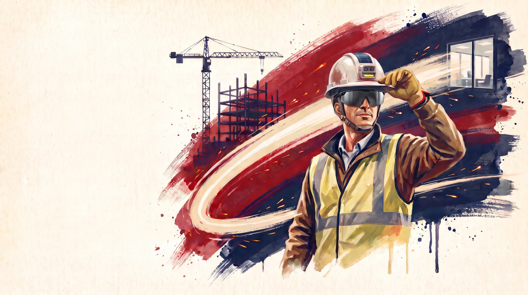 Painted illustration of a construction supervisor adjusting a concept full-brim hard hat with a solar strip, front camera module and shield-style lens, with a tower crane, steel frame and an office window linked by sweeping red and navy brushstrokes.