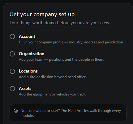 The Get your company set up checklist, freshly signed up with nothing done yet