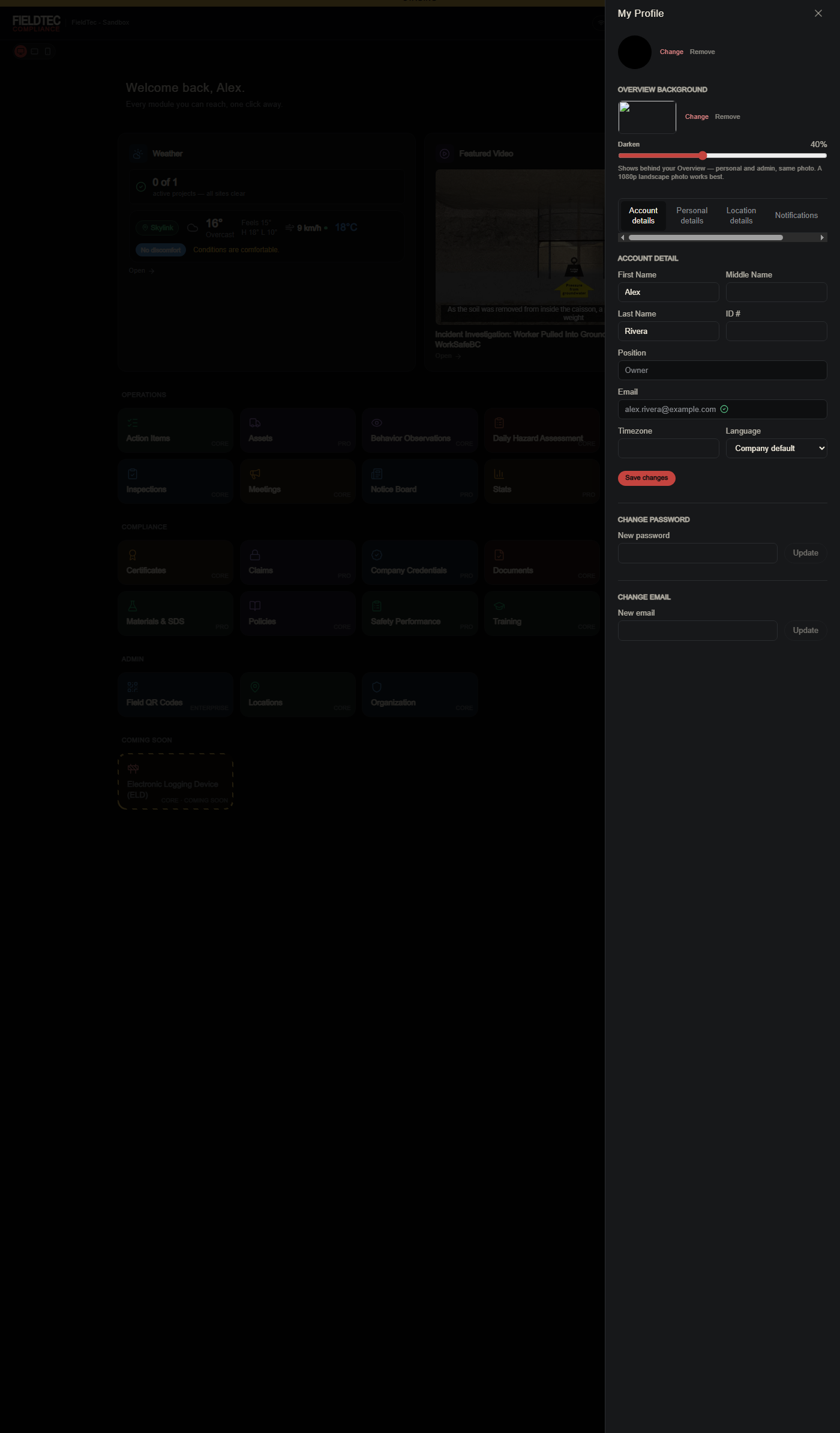 Edit profile drawer
